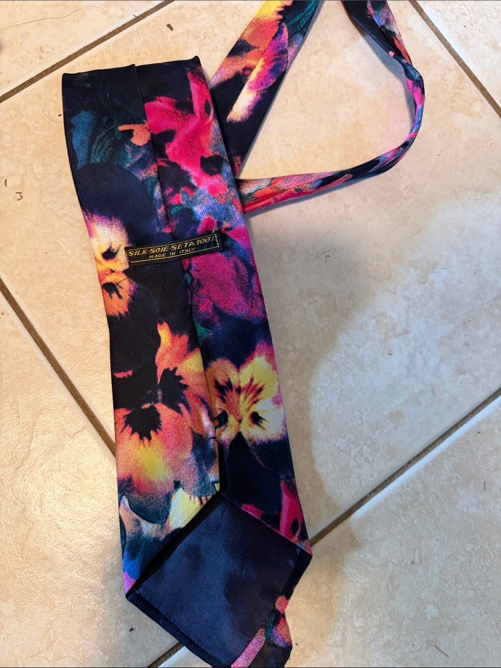 Floral Silk Tie in Navy with Pink & Yellow Accents